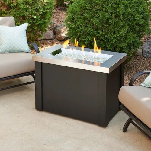 The Outdoor GreatRoom Company Stainless Steel Providence Rectangular Gas Fire Pit Table - ships as a Propane Fire Pit and comes with a Natural Gas Conversion Kit (if needed)