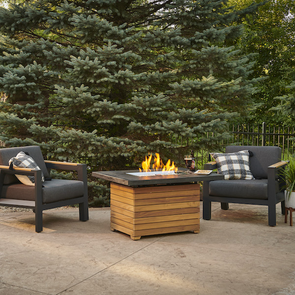 The Outdoor GreatRoom Company Darien Rectangular Gas Fire Pit Table with Everblend Top - ships as a Propane Fire Pit and comes with a Natural Gas Conversion Kit (if needed)