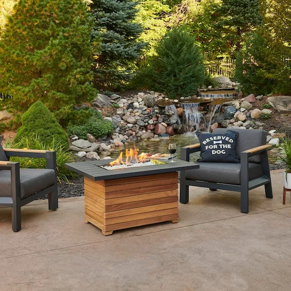 The Outdoor GreatRoom Company Darien Rectangular Gas Fire Pit Table with Aluminum Top - ships as a Propane Fire Pit and comes with a Natural Gas Conversion Kit (if needed)