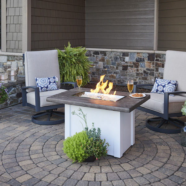 The Outdoor GreatRoom Company Driftwood Havenwood Rectangular Gas Fire Pit Table with White Base - ships as a Propane Fire Pit and comes with a Natural Gas Conversion Kit (if needed)
