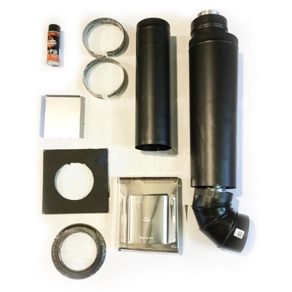 GD-222 terminal kit includes: 1-7" vent termination, 1 adjustable pipe from 28" to 54", 1-24" pipe, 1-90 degree el- bow, 1 10 ft, 4" alum. Flex vent with spacers, 1 fire stop, 1 black trim collar and 3 decorative metallic black bands.