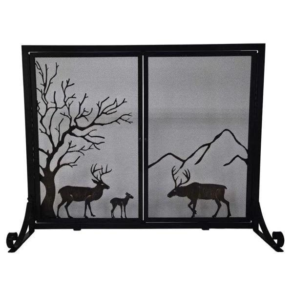 Panel Screen With Doors - Deer Design Black Wrought Iron With Bronze Highlights - 31.5"H x 40"W X 14" D